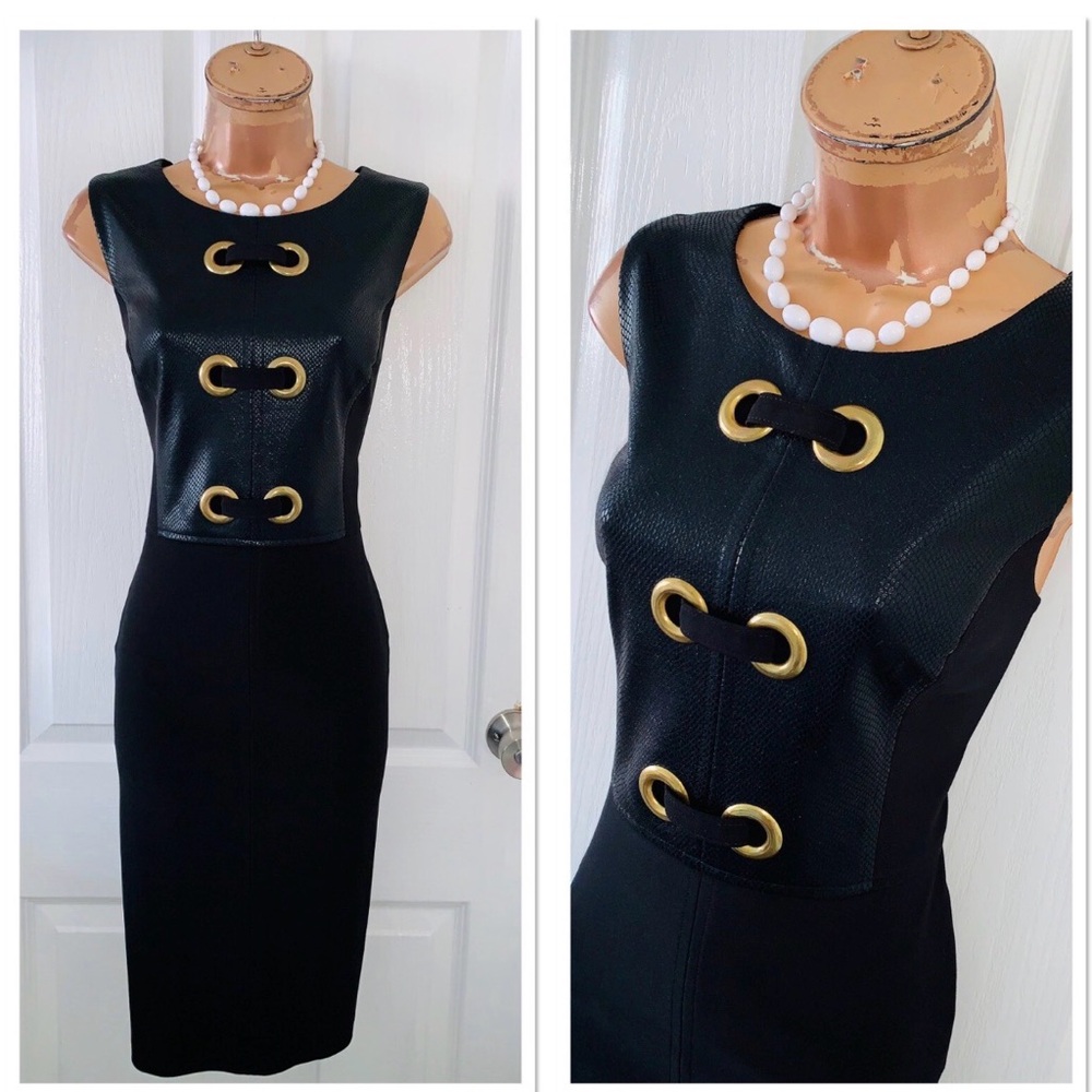 Joseph Ribkoff Black Dress with Faux Leather Bodice & Gold Grommet Details